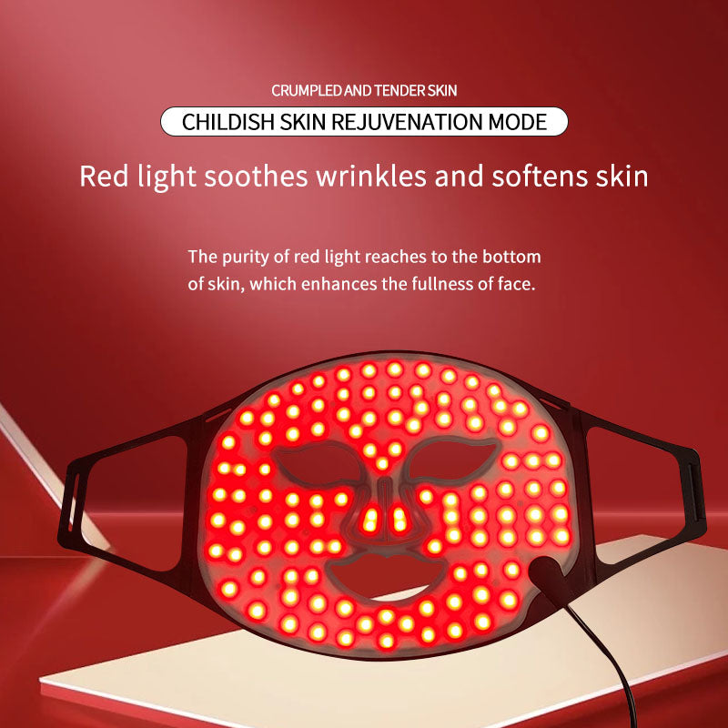 Facial red light therapy, LED face mask light therapy remote control, rechargeable, timer function, suitable for home, work, travel, yoga, and sleep.