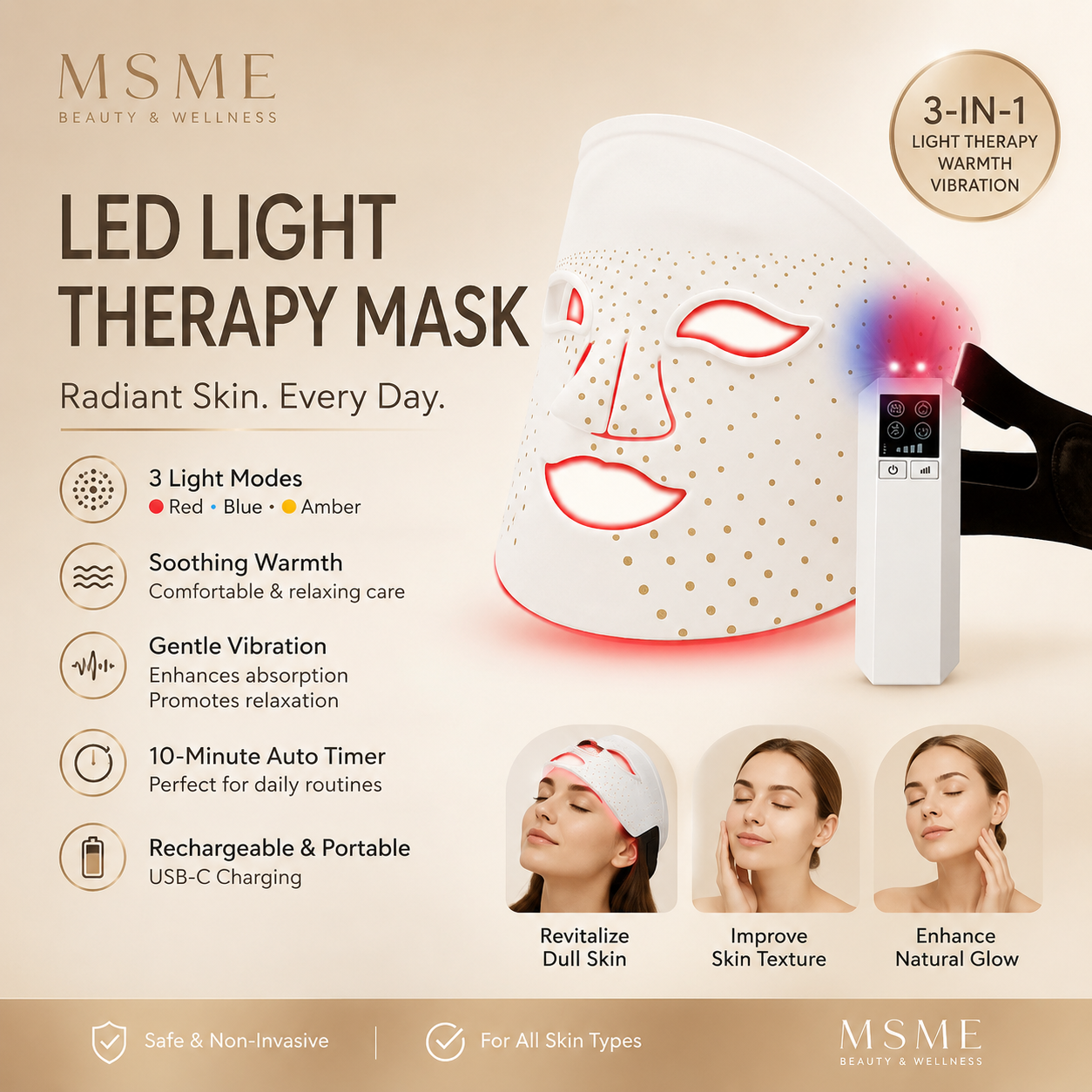 Facial red light therapy, LED face mask light therapy remote control, rechargeable, timer function, suitable for home, work, travel, yoga, and sleep.